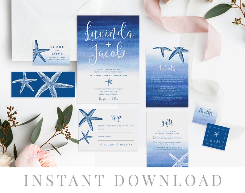 Beach Wedding Wedding Invite Blue Ombre Beach Wedding Invitation Set INSTANT DOWNLOAD DIY Printable Invite Templett Editable pdf Beachy