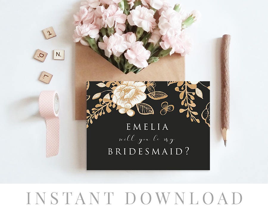 Printable Will You Be My Bridesmaid Card Instant Bridal Party Cards Diy Templett Editable Pdf Black And Gold Ember