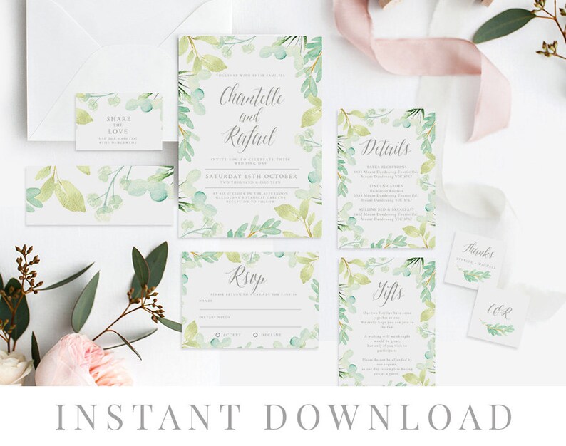 Meadow Templett Green Leaves Wedding Invitation Set