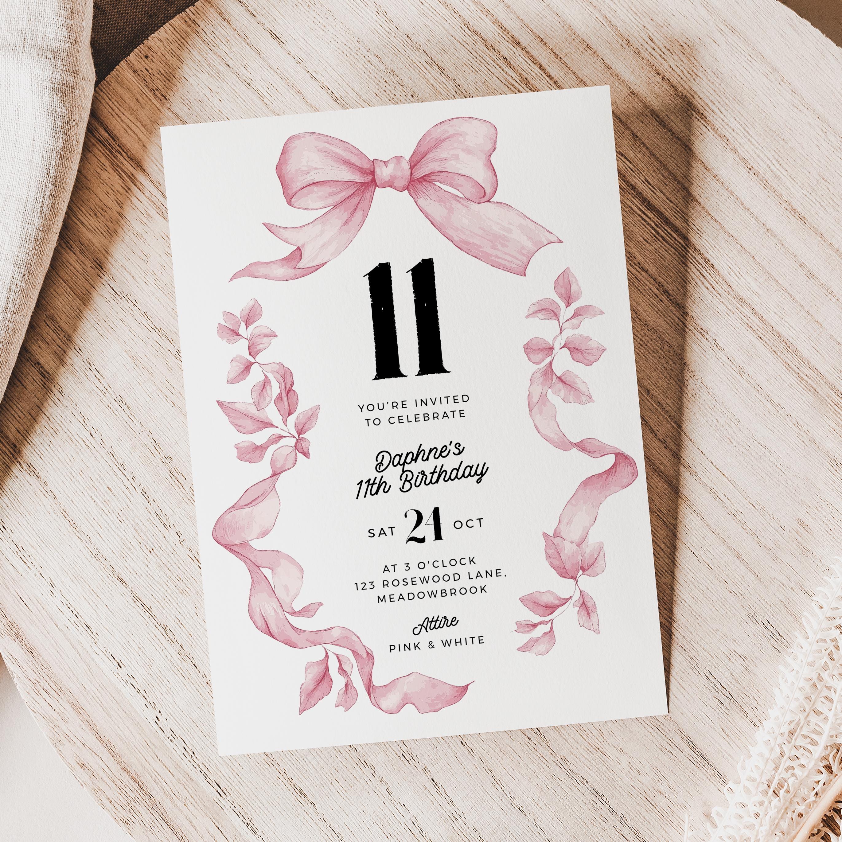 Tween Coquette Birthday Invitation, 11th Birthday, For Teenage Girl, Editable Printable Instant Download, Blush Pink Bow, French - NW001