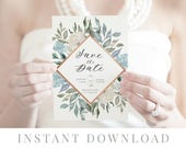 Dusty Blue Save the Date INSTANT DOWNLOAD, Wedding Invite, DIY Printable Save the Date, Templett, Editable pdf, Rustic Invites, Papillion