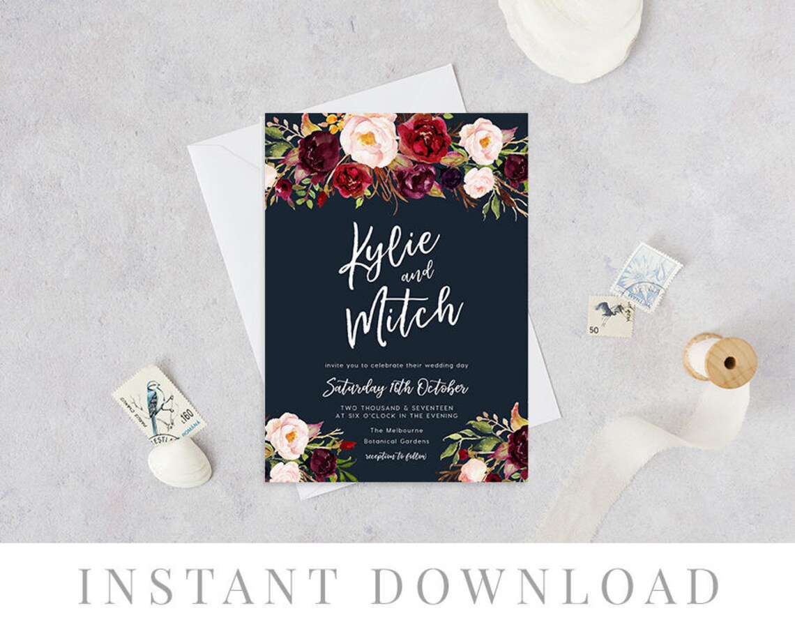 Navy Wedding Invitation INSTANT DOWNLOAD Wedding Invite DIY | Etsy