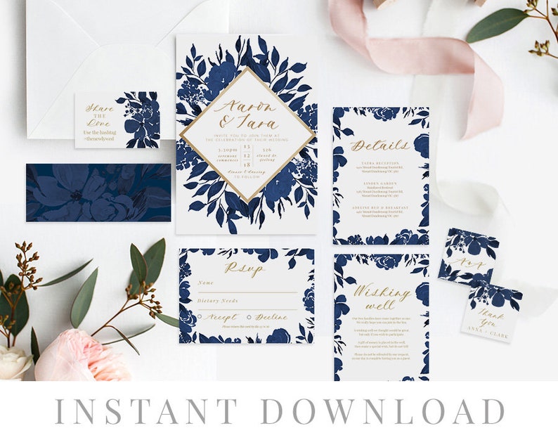 Templett Navy Wedding Invitation Set INSTANT DOWNLOAD Rustic Invites Wedding Invite DIY Printable Invite Editable pdf Papillion