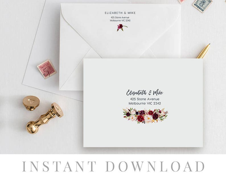 Watercolor Flowers Editable Address Label Printable Rustic Envelope Address INSTANT DOWNLOAD DIY Printable Sticker Templett Marsala