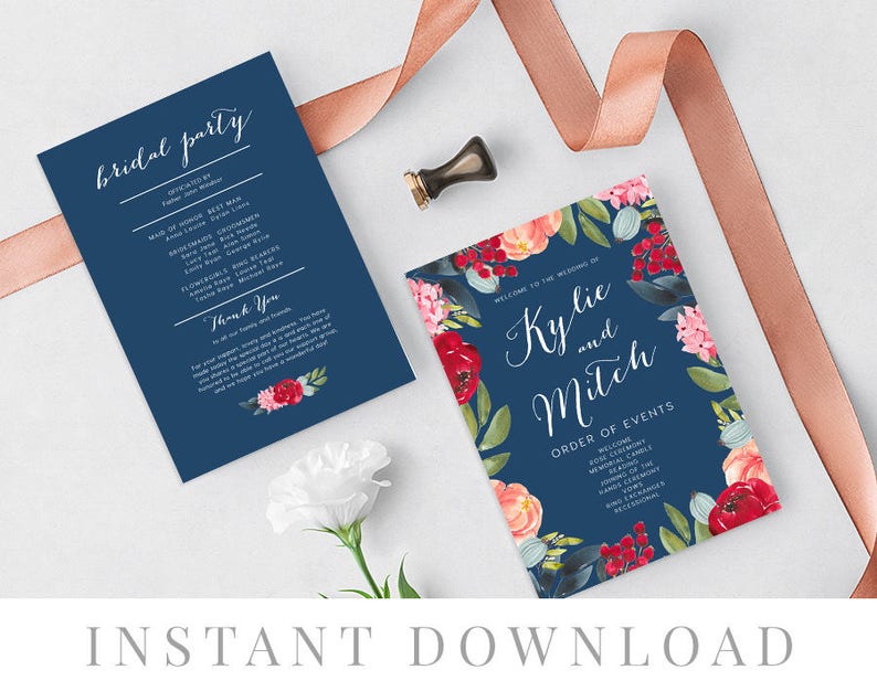 Paddle Program Templett DIY Wedding Ceremony Editable pdf Printable Wedding Program INSTANT DOWNLOAD Program Fan Berrypress Navy Blue