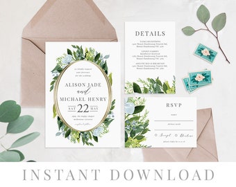 Greenery Printable Wedding Invitation INSTANT DOWNLOAD, Printable Wedding Invite, DIY Printable Invite, Templett, Editable, pdf, Petra