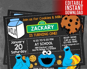 Cookie Monster Invitation Instant Download, Cookie Monster Invites, Cookies and Milk Invitation, Cookie Monster Birthday, Editable PDF