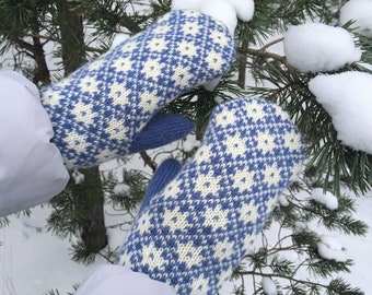 Schneeflocken Doppelstrickfäustlinge, Blaue Norwegische Handschuhe, Weihnachtswolle Handschuhe, Extra warme Handschuhe, Winter Doppelfäustlinge, Damenfäustlinge
