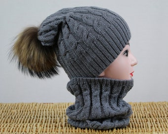 Berretto con pom pom alpaca, cappello e snood invernale, berretto grigio, cappello di lana di alpaca invernale, cappuccio lavorato a maglia di alpaca, set berretto e snood da donna in alpaca