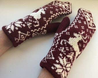 ノルディックウールダブルミトン：鹿と雪の結晶をあしらったメンズニット冬用手袋