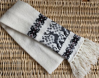 Sciarpa di lana a maglia norvegese, sciarpa invernale bianca, sciarpa a maglia di cervi, sciarpa di lana di Natale, sciarpa di lana da donna, sciarpa di cervi di lana, sciarpa da uomo