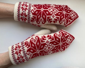 Nordic Wool Mittens Women – Hand Knit Snowflake Mittens – Warm Double-Layer Winter Gloves – Scandinavian Wool Gift  – White