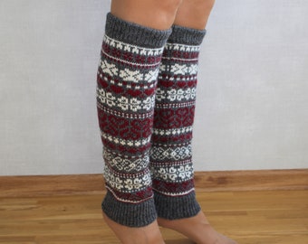 Fair isle wool leg warmers, Grey knit leg warmers, Hearts leg warmers, Nordic leg warmers, Womens leg warmers, Christmas gift