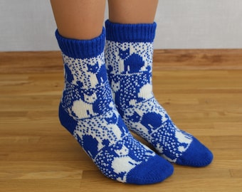 Blue Cat socks, Winter wool socks, Knit wool socks, Womens wool socks, Christmas gift