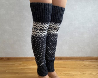 Norwegian knit leg warmers, Christmas leg warmers, Nordic wool leg warmers, Winter dark grey leg warmers, Womens leg warmers, Christmas gift