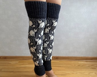 Cat wool leg warmers, Over knee grey leg warmers, Long knit leg warmers, Winter leg warmers, Womens leg warmers, Christmas gift