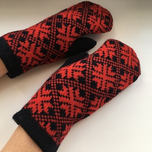 Black and Red/Crimson Norwegian Wool Mittens – Women’s Double Knit Winter Snowflake Mittens
