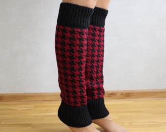 Jambières en tricot de laine, jambières Houndstooth, jambières en tricot rouge, jambières noires d’hiver, jambières en laine, cadeau de Noël