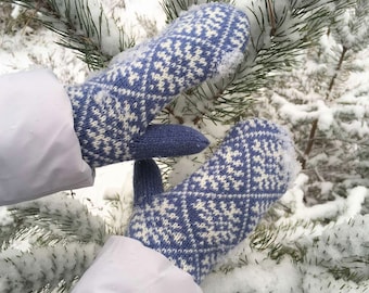 Manoplas noruegas de punto doble, manoplas estonias, manoplas de copo de nieve azules, manoplas de lana navideñas, manoplas extra cálidas, manoplas de punto para mujer