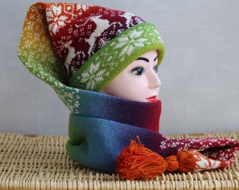 Cappello sciarpa arcobaleno, cappello sciarpa a maglia norvegese, cappello sciarpa a maglia di lana, berretto a calza lunga invernale, cappello invernale da donna, set invernale, maglieria estiniana