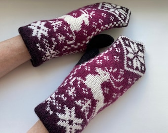 Mehrfarbige doppelt gestrickte Handschuhe, Norwegische Wollhandschuhe, Hirsch Doppelhandschuhe, nordische Wollhandschuhe, Damen Strickhandschuhe, Weihnachtsgeschenk