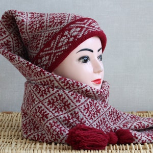 Rot und Beige Schneeflocke Wolle stricken Schal Mütze - Unisex Winter lange Zipfelmütze Mütze