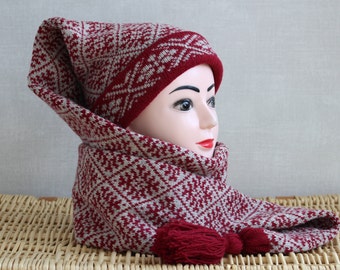 Norwegian knit scarf hat, Wool knit scarf hat, Snowflakes scarf hat, Winter red long stocking cap, Womens winter hat, Winter set