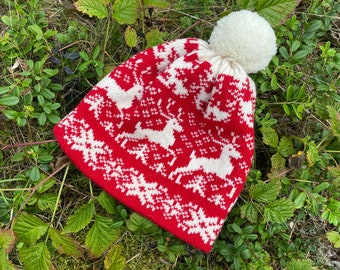 Cappello di lana rossa norvegese, cappello invernale da donna, cappello di lana a maglia nordica, cappello di lana natalizia, cappello invernale di cervi, cappello invernale extra caldo