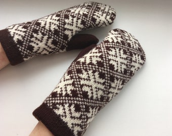 Norwegian double knit mittens, Brown snowflake mittens, Christmas wool mittens, Extra warm mittens, Winter double mittens, Womens mittens