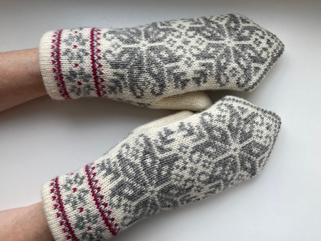 Nordic Double Knit Mittens, Snowflake Double Mittens, Estonian Grey