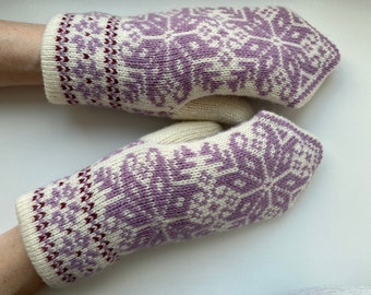 Nordic double knit mittens, Snowflake double mittens, Purple mittens, Christmas wool mittens, Extra warm mittens, Womens knitted mittens