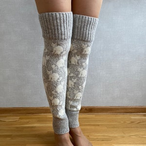 Cat wool leg warmers, Over knee light beige leg warmers, Long knit leg warmers, Winter leg warmers, Womens leg warmers, Christmas gift