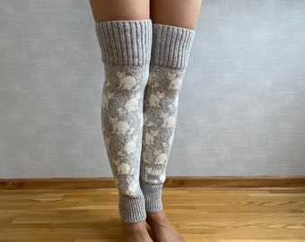 Cat wool leg warmers, Over knee light beige leg warmers, Long knit leg warmers, Winter leg warmers, Womens leg warmers, Christmas gift