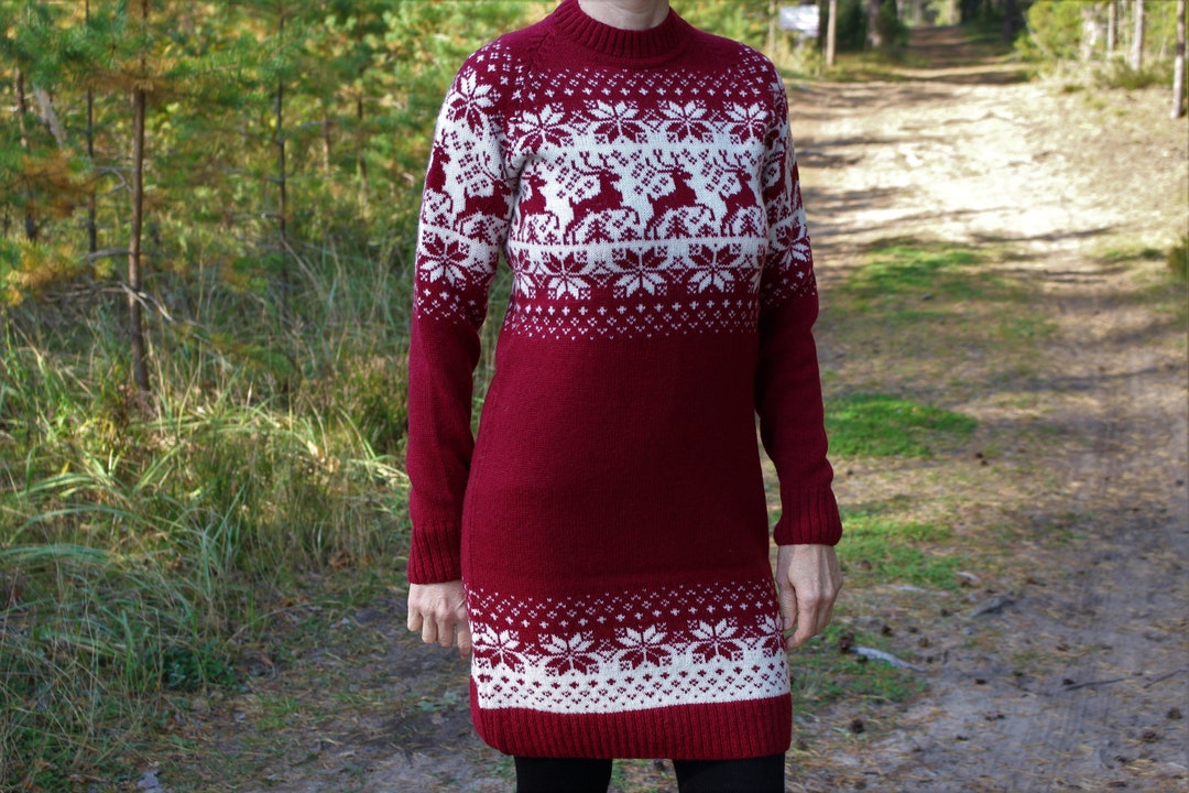 Handmade Wool Christmas Sweater Dress: Red Reindeer Knit