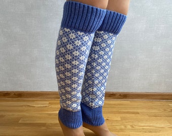 Jambières en laine de flocon de neige, jambières en tricot bleu, jambières de Noël, jambières bleues d’hiver, jambières pour femmes, cadeau de Noël