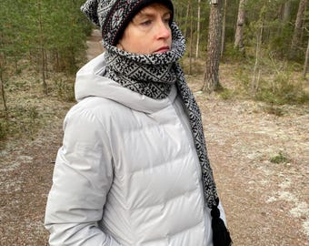 Cappello con sciarpa in maglia di lana norvegese: cappuccio invernale a forma di fiocco di neve