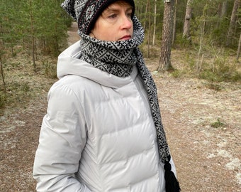 Cappello sciarpa a maglia norvegese, cappello sciarpa a maglia di lana, cappello sciarpa fiocchi di neve, berretto invernale lungo nero, cappello invernale da donna, set invernale, cappello da uomo