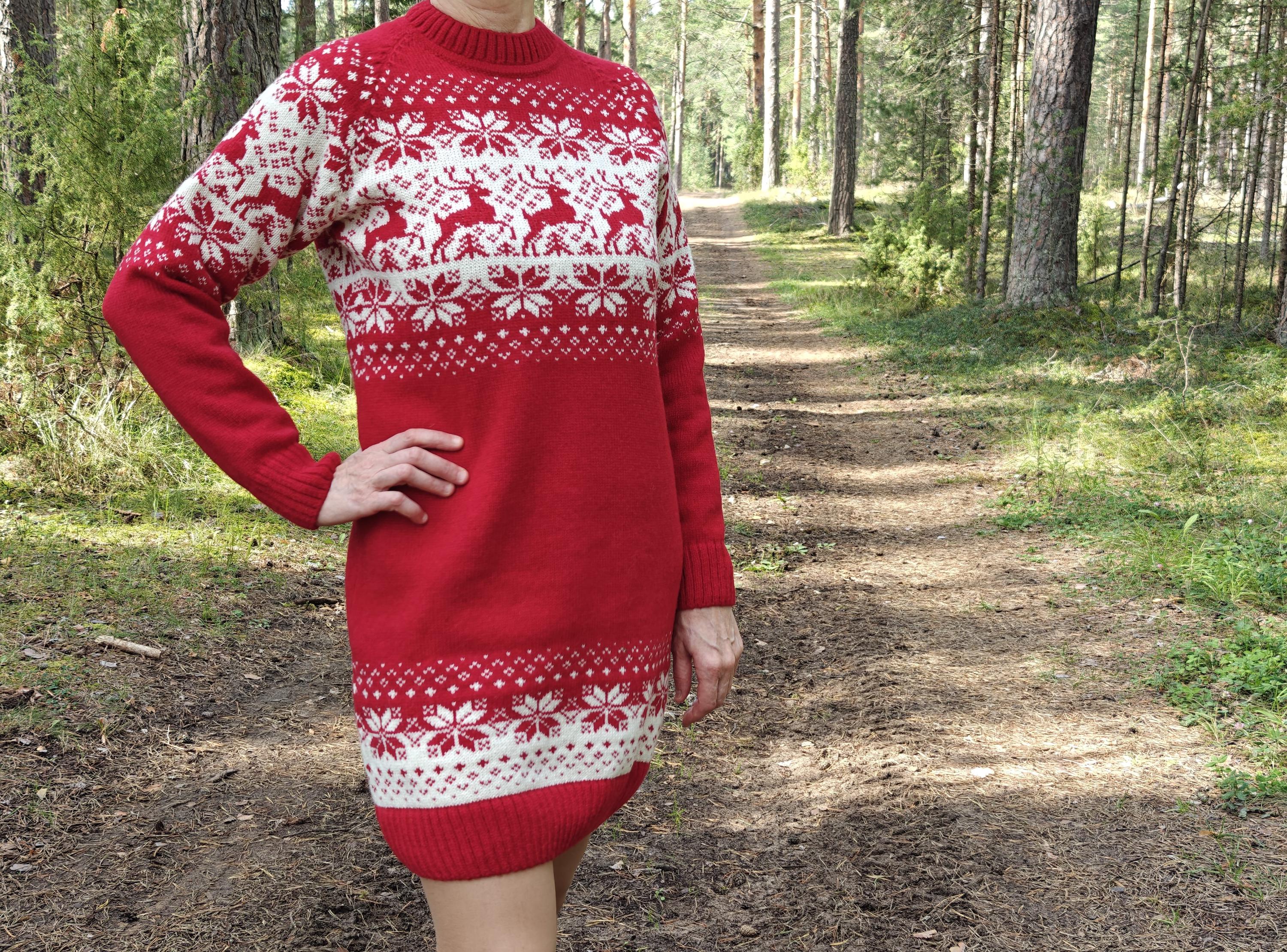 Handmade Wool Christmas Sweater Dress: Red Reindeer Knit
