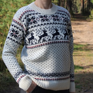 Christmas knit sweater, Norwegian wool sweater, Winter wool sweater, Deer sweater, Womens wool sweater, White knit sweater, Estonian knits