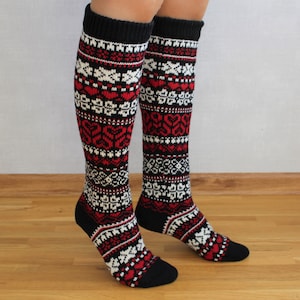 Faire isle wool knee socks, Hearts long socks, Black knee socks, Nordic knee socks, High winter socks, Womens wool socks, Christmas gift