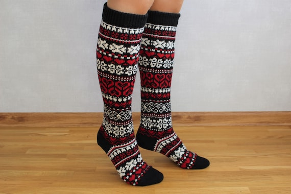 Faire Isle Wool Knee Socks Hearts Long Socks Black Knee Socks