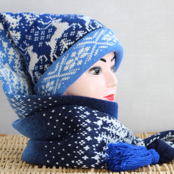 Bonnet écharpe en laine bleue, bonnet écharpe en tricot norvégien, bonnet long d'hiver, bonnet d'hiver pour femme, cadeau de Noël, tricots estoniens, chapeau long estonien