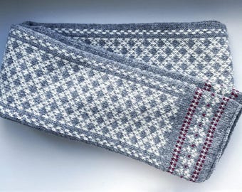 Norwegian Knit Wool Scarf: Light Grey Snowflake Winter Scarf– Double-Sided