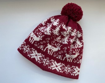 Cappello di lana rossa norvegese, cappello invernale da donna, cappello di lana a maglia nordica, cappello di lana natalizia, cappello invernale di cervi, cappello invernale extra caldo