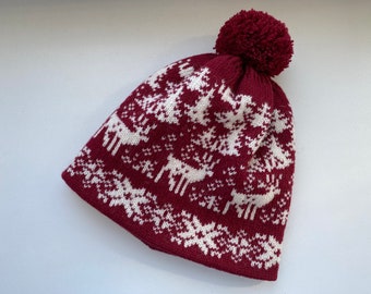 Norwegian Wool Lined Hat: Unisex Red Nordic Knit With Deer 