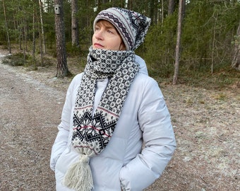 Set cappello e sciarpa di lana, cappello sciarpa a maglia norvegese, cappello sciarpa fiocchi di neve, berretto a calza lunga beige invernale, cappello invernale da donna, cappello lungo unisex