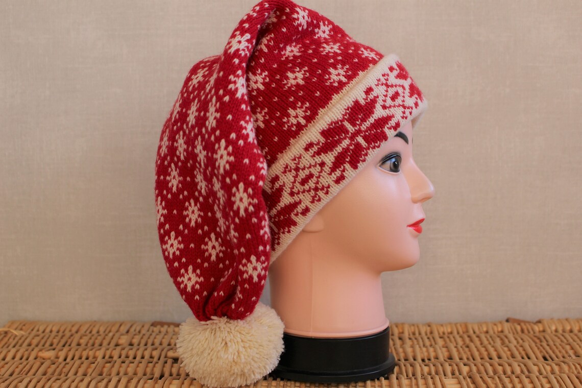 Santa Red Wool Hat Christmas Knit Hat Snowflake Wool Red Etsy
