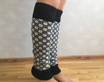 Winter knit leg warmers, Christmas wool leg warmers, Snowflake leg warmers, Winter black leg warmers, Womens leg warmers, Christmas gift