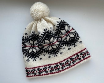 Cappello di lana norvegese, cappello invernale da donna, cappello bianco in maglia nordica, cappello di lana natalizia, cappello invernale fiocco di neve, cappello invernale extra caldo, cappello bianco