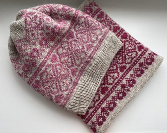 Cappello in lana doppia Fairisle, set cappello e snood lavorato a maglia invernale, berretto lavorato a maglia rosa, set snood in lana invernale, set berretto e snood in lana da donna